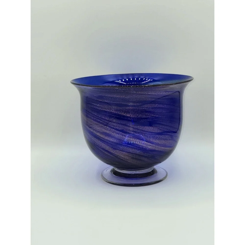Cobalt Blue Art Glass‎ Pedestal Vase Aventurine Swirl Hand Blown Bowl Form